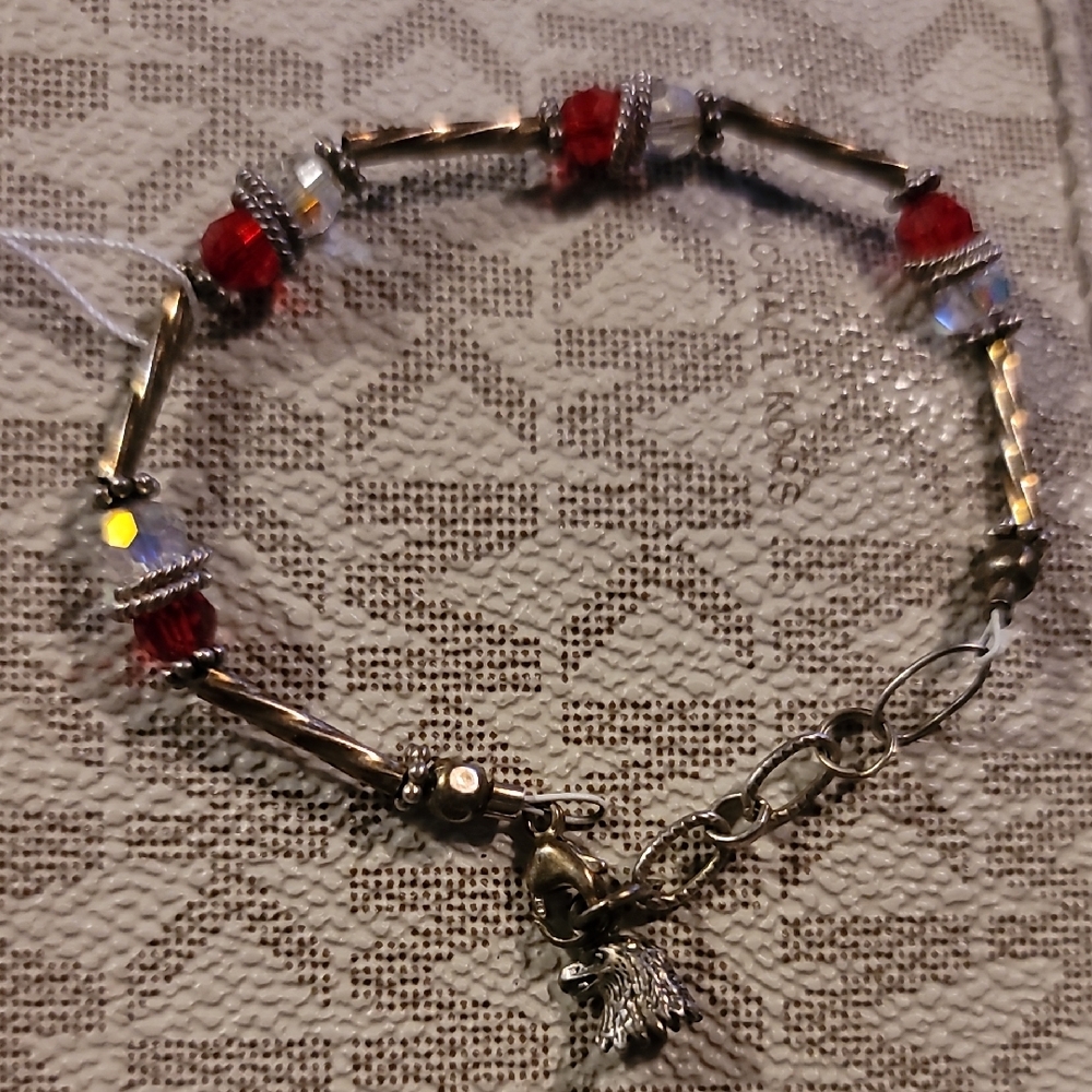 Estate .925 Silver Red And White Bracelet With Eagle Dangle
